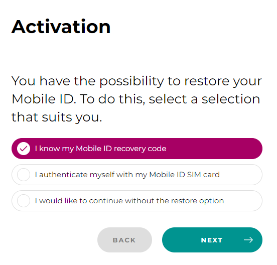 Mobile ID app_recovery code option